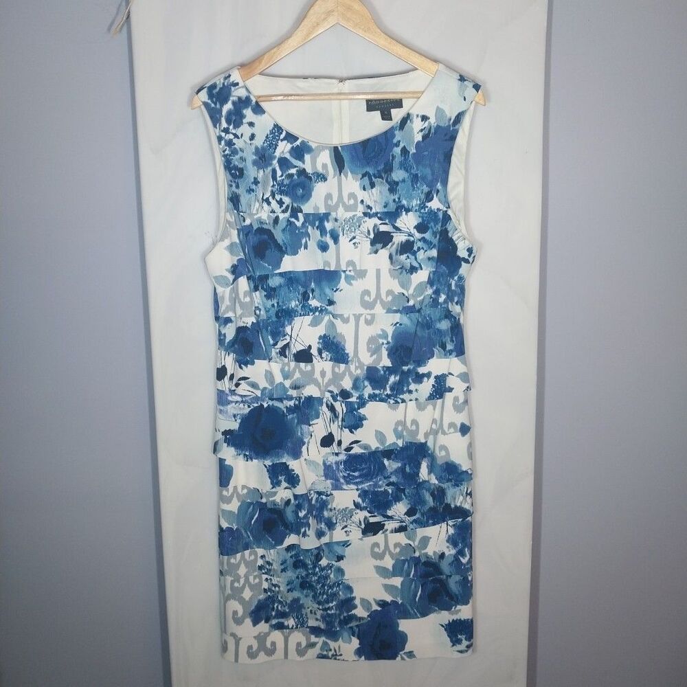 Connected Apparel Sheath Dress Womens 16 Blue Floral Sleeveless Stretch Tiered